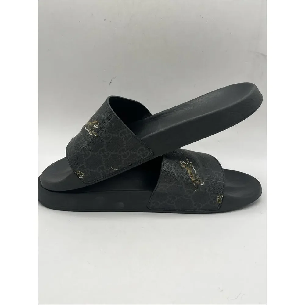 Gucci GG Supreme Slides Tiger Black Gold 407345 Men’s Sz US 10 USED AS IS